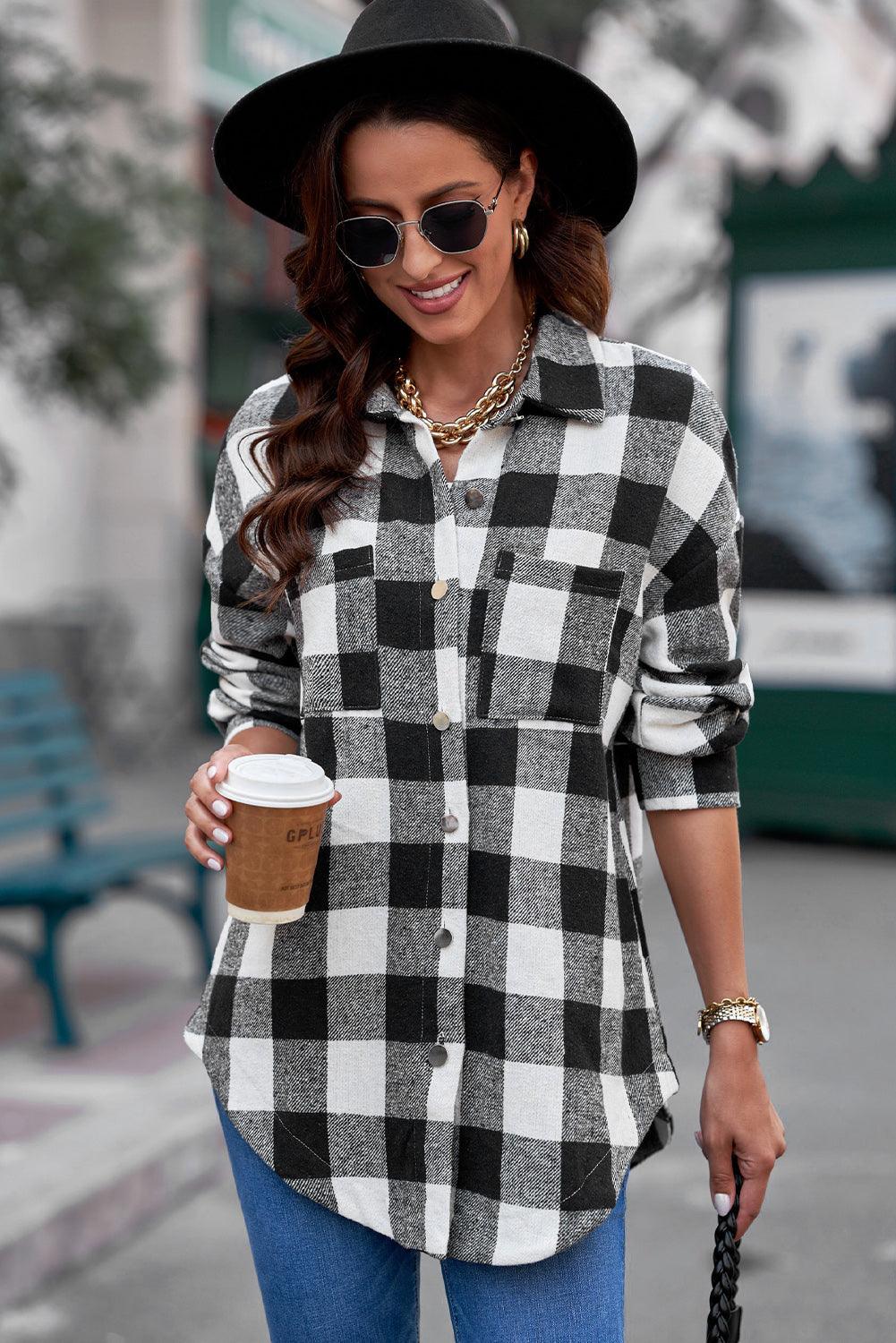 Plaid Curved Hem Dropped Shoulder Longline Shirt Jacket - Bona Fide Fashion