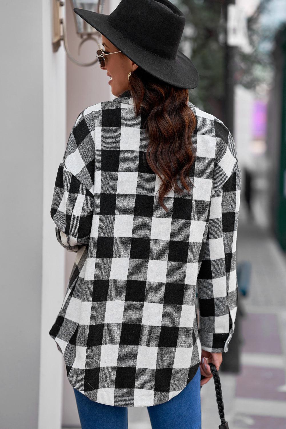 Plaid Curved Hem Dropped Shoulder Longline Shirt Jacket - Bona Fide Fashion