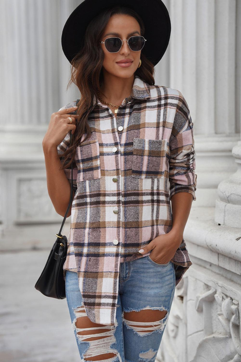 Plaid Curved Hem Dropped Shoulder Longline Shirt Jacket - Bona Fide Fashion