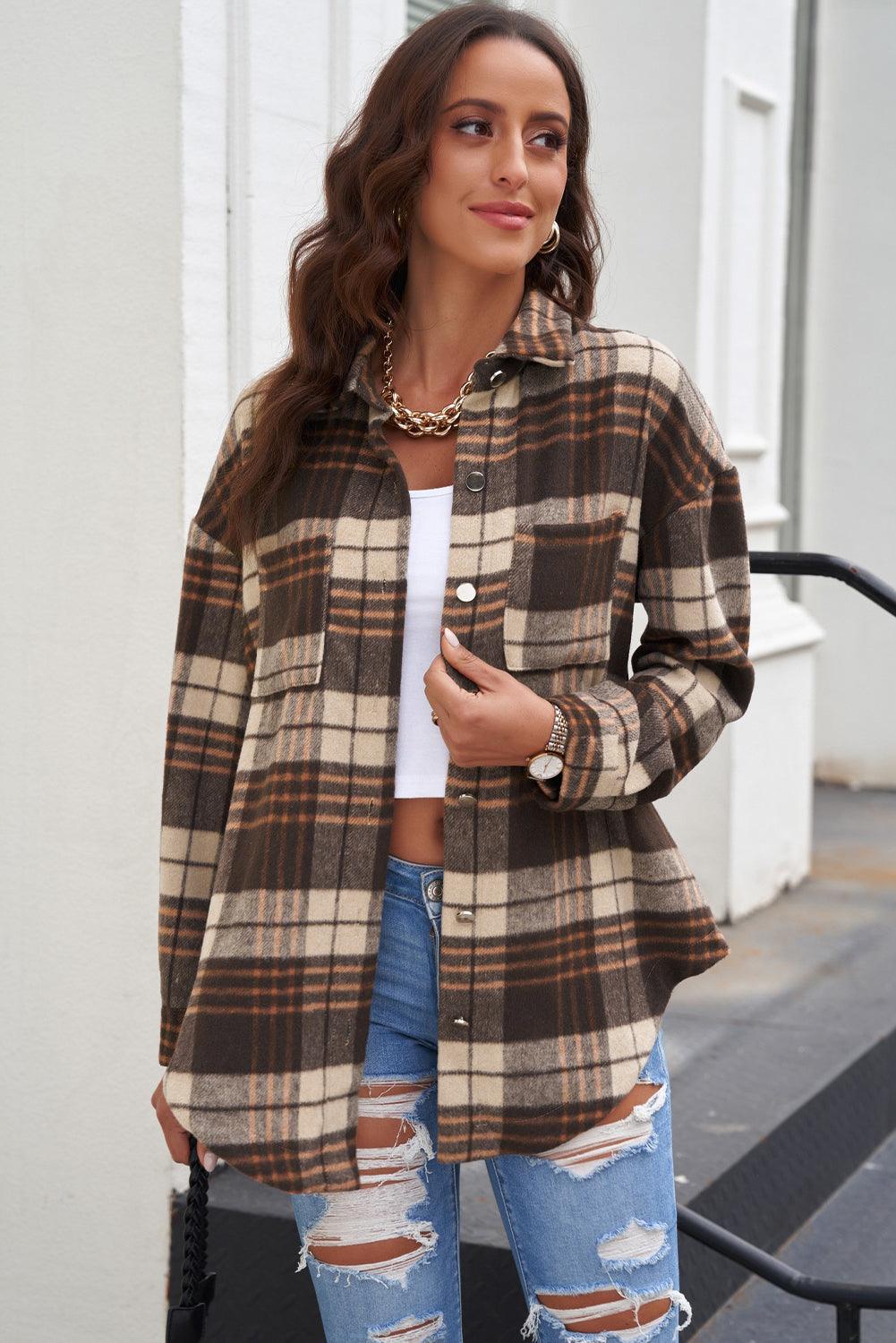 Plaid Curved Hem Dropped Shoulder Longline Shirt Jacket - Bona Fide Fashion