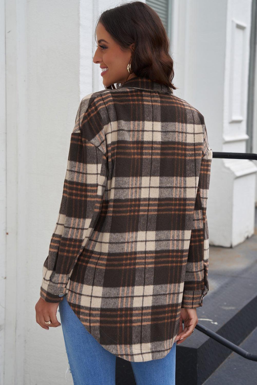 Plaid Curved Hem Dropped Shoulder Longline Shirt Jacket - Bona Fide Fashion