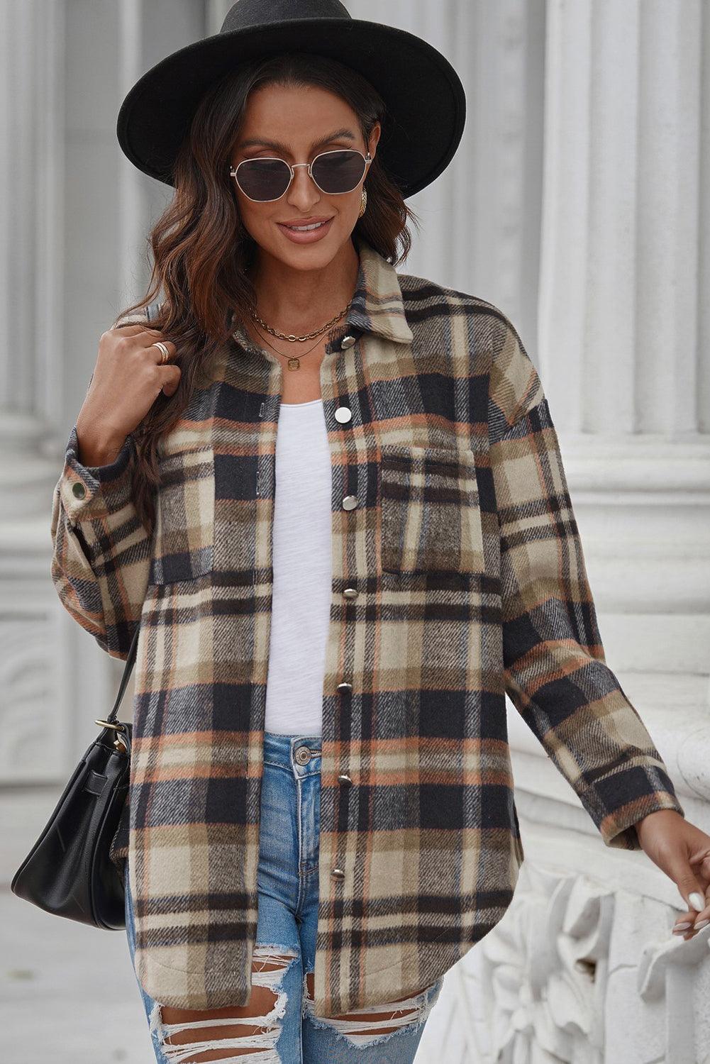 Plaid Curved Hem Dropped Shoulder Longline Shirt Jacket - Bona Fide Fashion