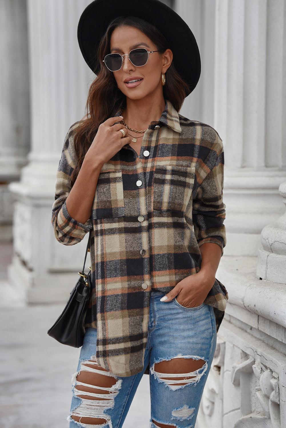 Plaid Curved Hem Dropped Shoulder Longline Shirt Jacket - Bona Fide Fashion