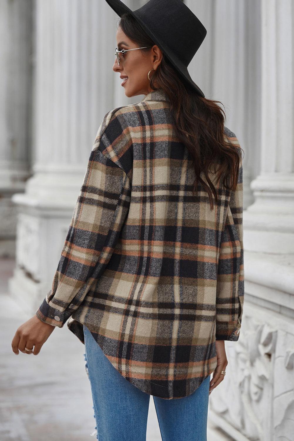 Plaid Curved Hem Dropped Shoulder Longline Shirt Jacket - Bona Fide Fashion