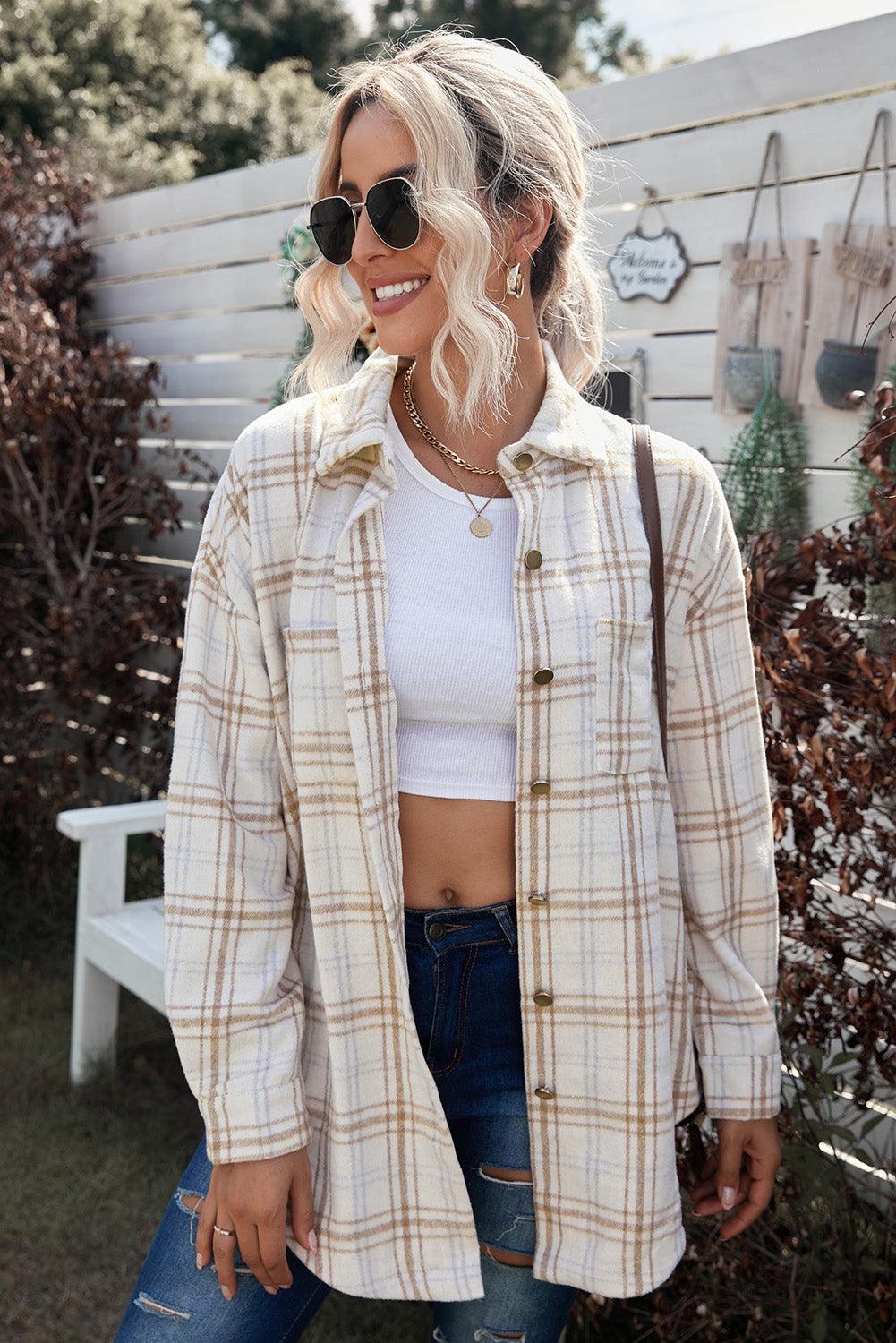 Plaid Curved Hem Dropped Shoulder Longline Shirt Jacket - Bona Fide Fashion