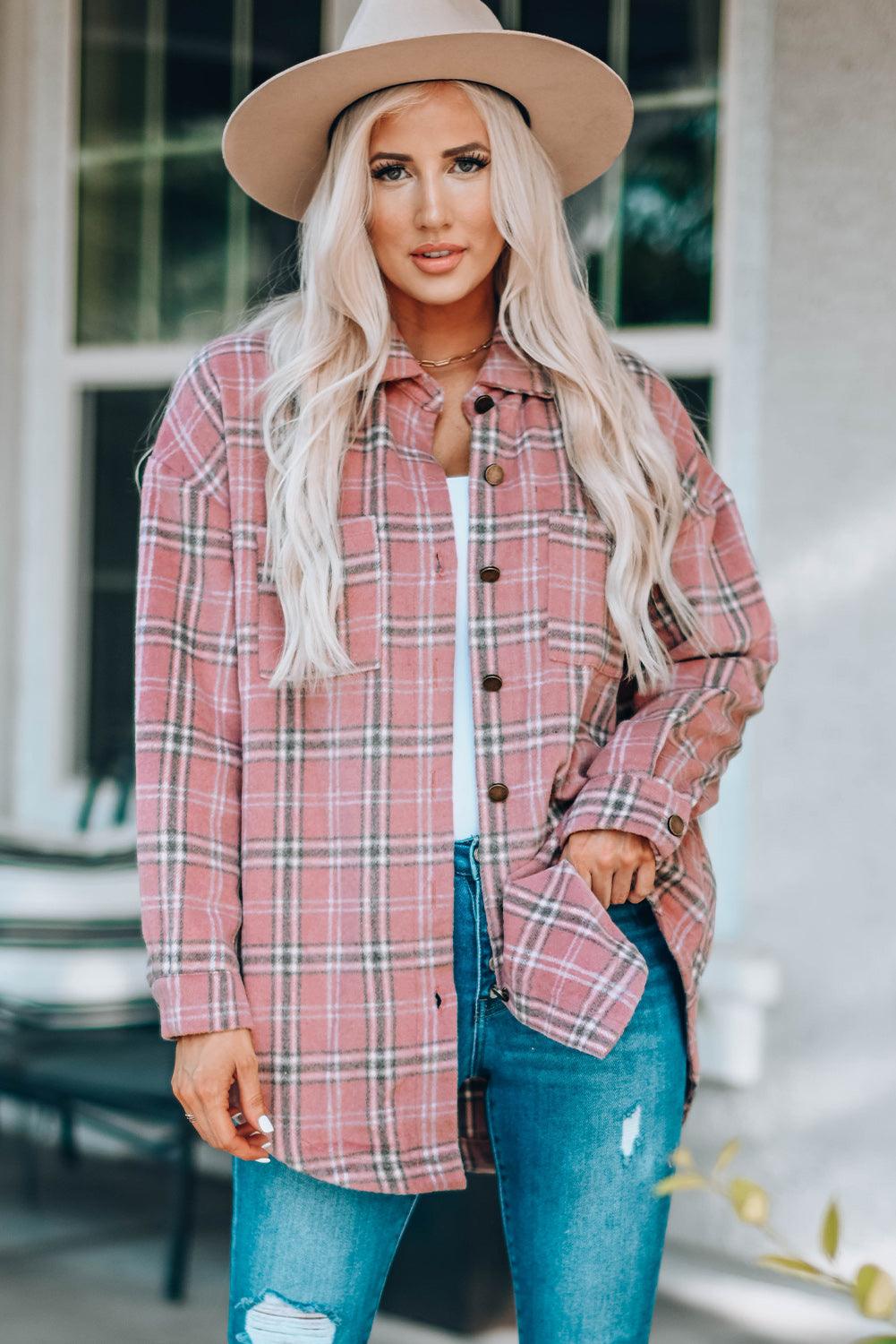 Plaid Curved Hem Dropped Shoulder Longline Shirt Jacket - Bona Fide Fashion