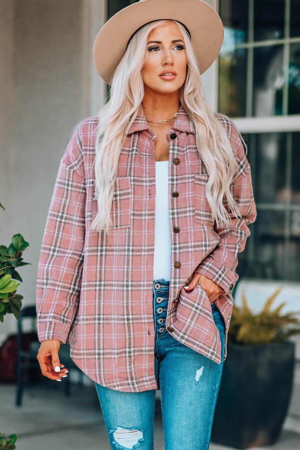 Plaid Curved Hem Dropped Shoulder Longline Shirt Jacket - Bona Fide Fashion