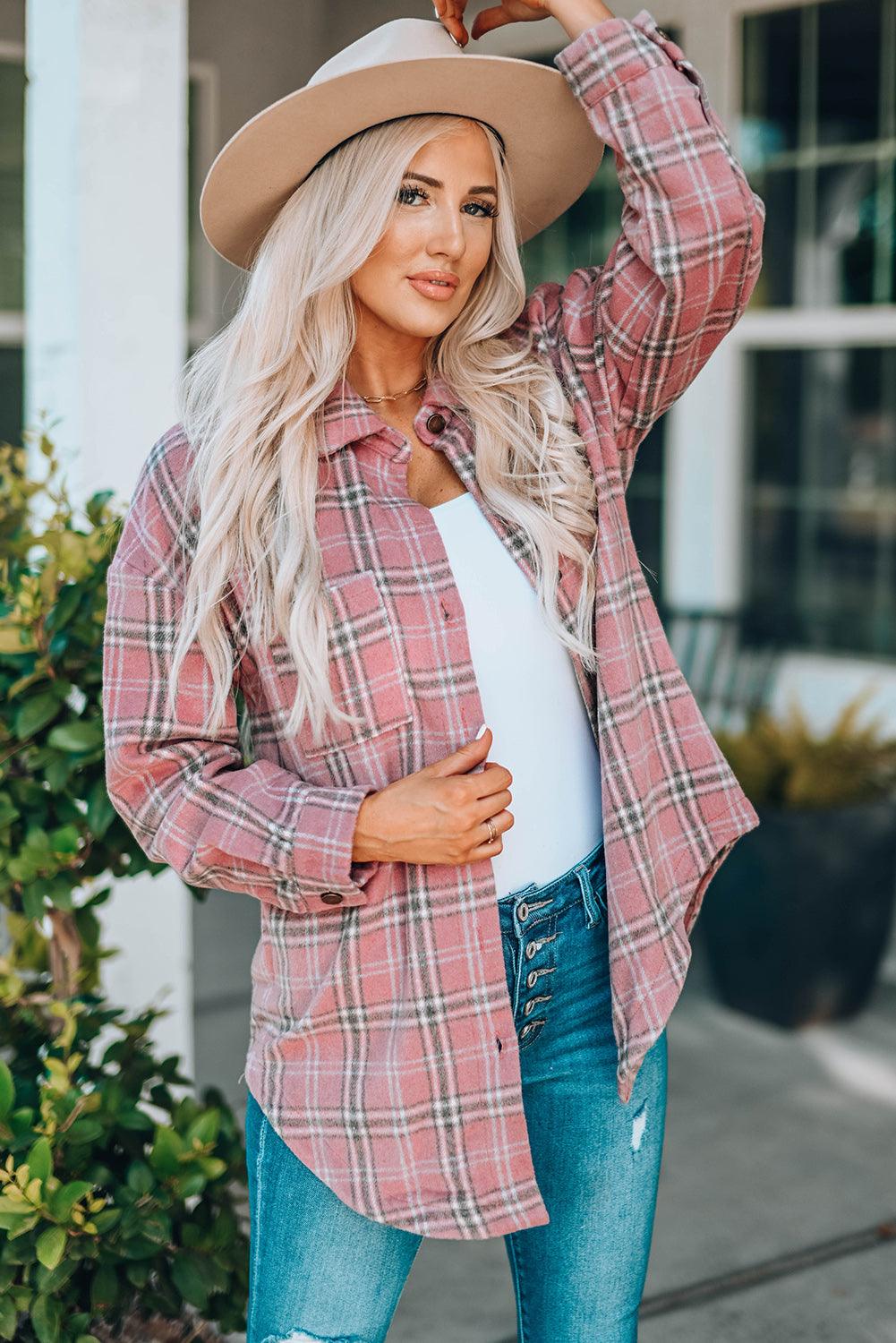 Plaid Curved Hem Dropped Shoulder Longline Shirt Jacket - Bona Fide Fashion