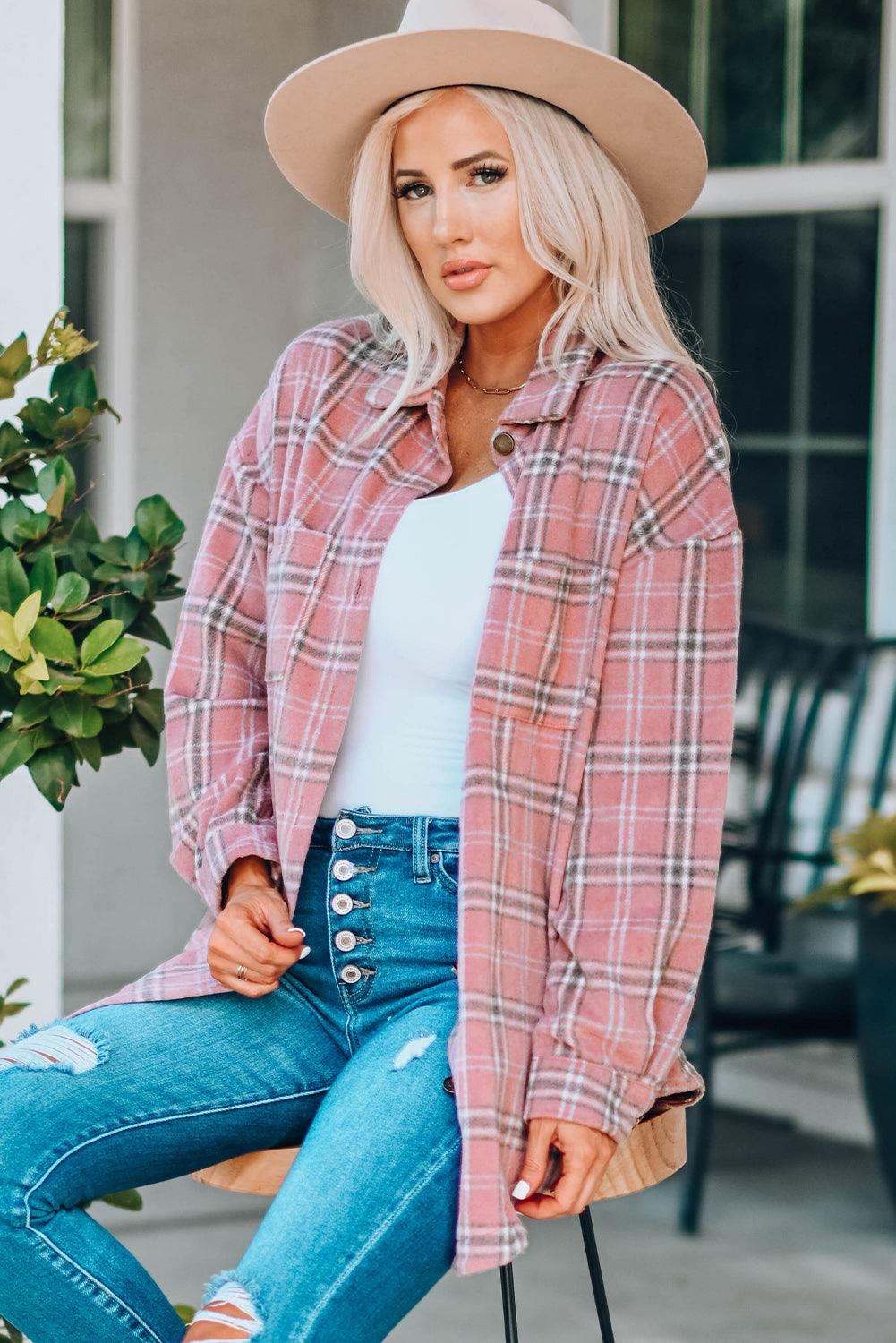 Plaid Curved Hem Dropped Shoulder Longline Shirt Jacket - Bona Fide Fashion