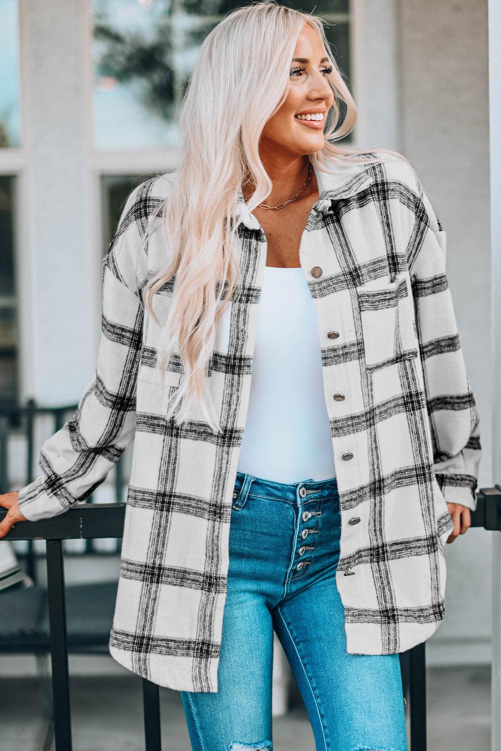 Plaid Curved Hem Dropped Shoulder Longline Shirt Jacket - Bona Fide Fashion