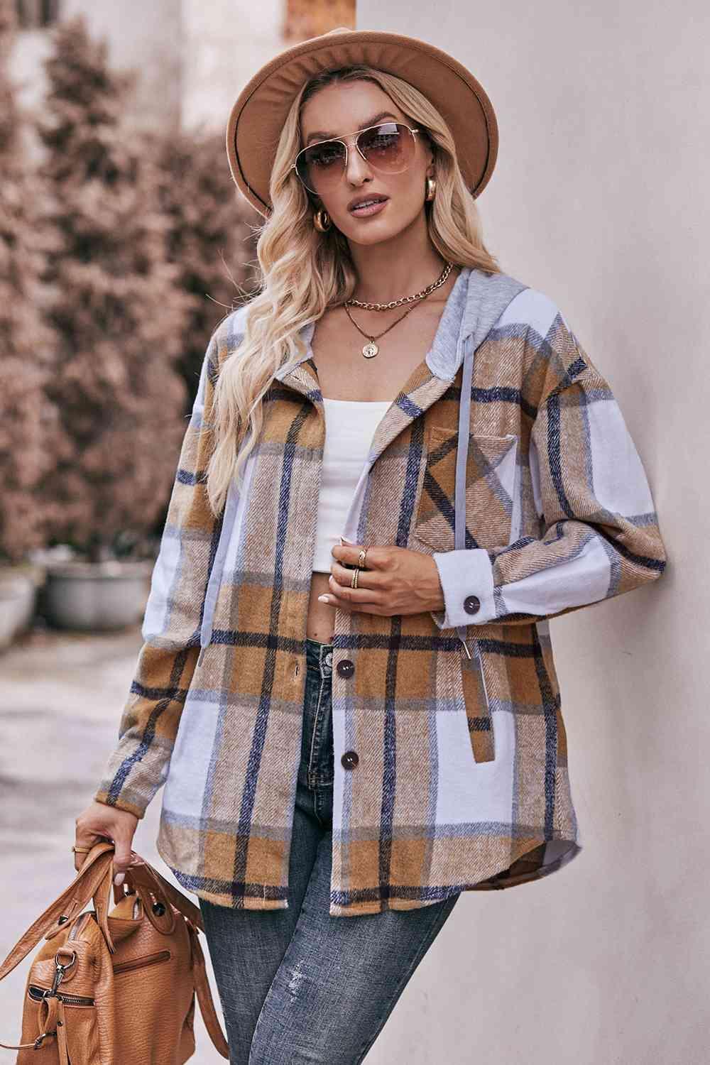 Plaid Dropped Shoulder Hooded Jacket - Bona Fide Fashion