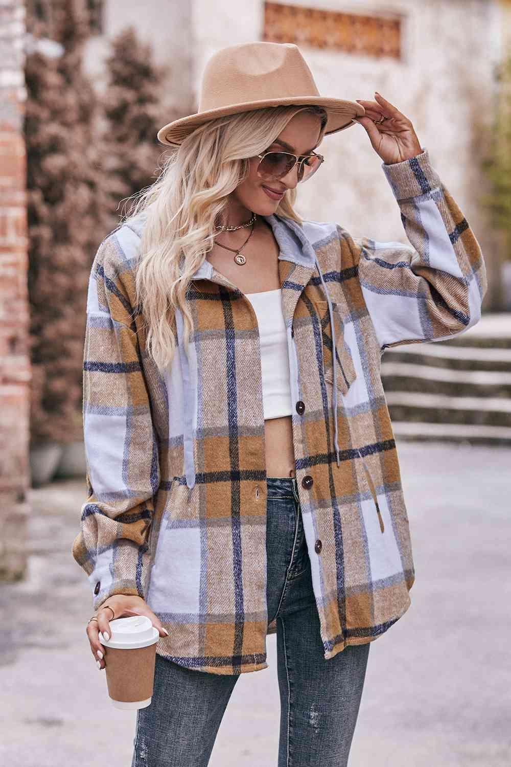 Plaid Dropped Shoulder Hooded Jacket - Bona Fide Fashion