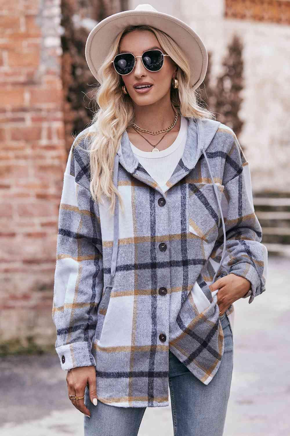 Plaid Dropped Shoulder Hooded Jacket - Bona Fide Fashion