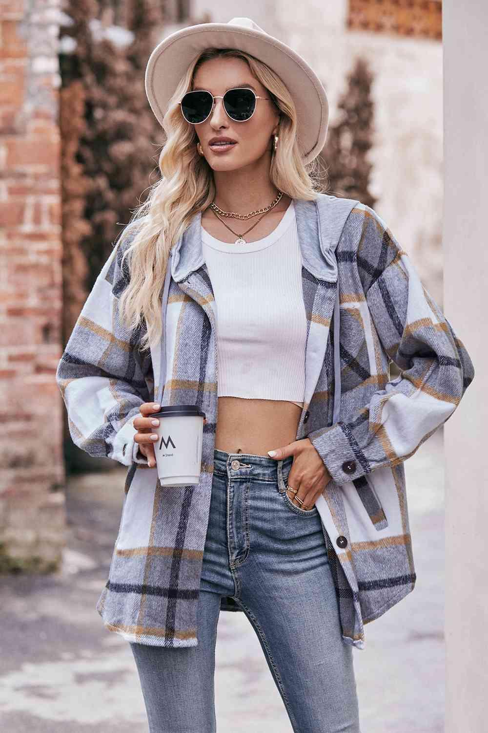 Plaid Dropped Shoulder Hooded Jacket - Bona Fide Fashion