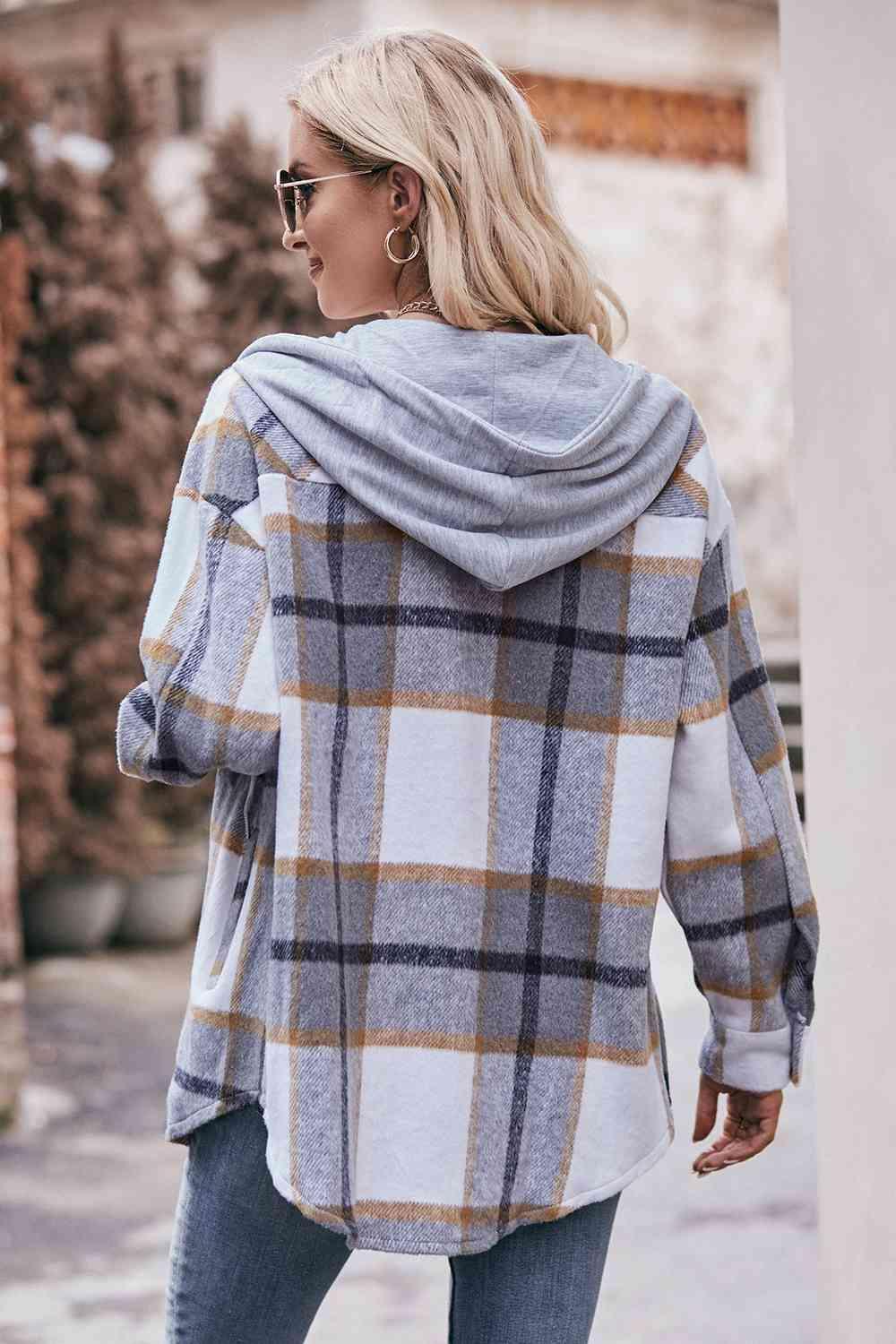 Plaid Dropped Shoulder Hooded Jacket - Bona Fide Fashion