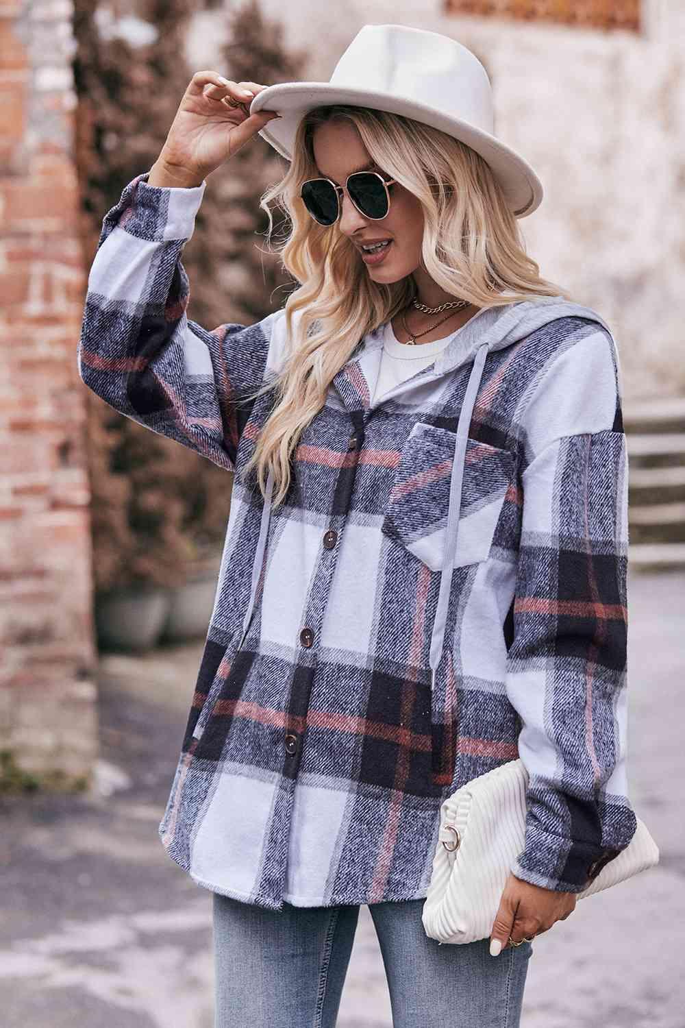 Plaid Dropped Shoulder Hooded Jacket - Bona Fide Fashion