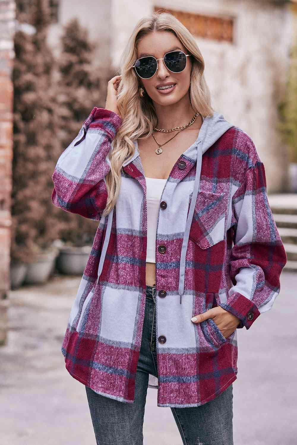 Plaid Dropped Shoulder Hooded Jacket - Bona Fide Fashion