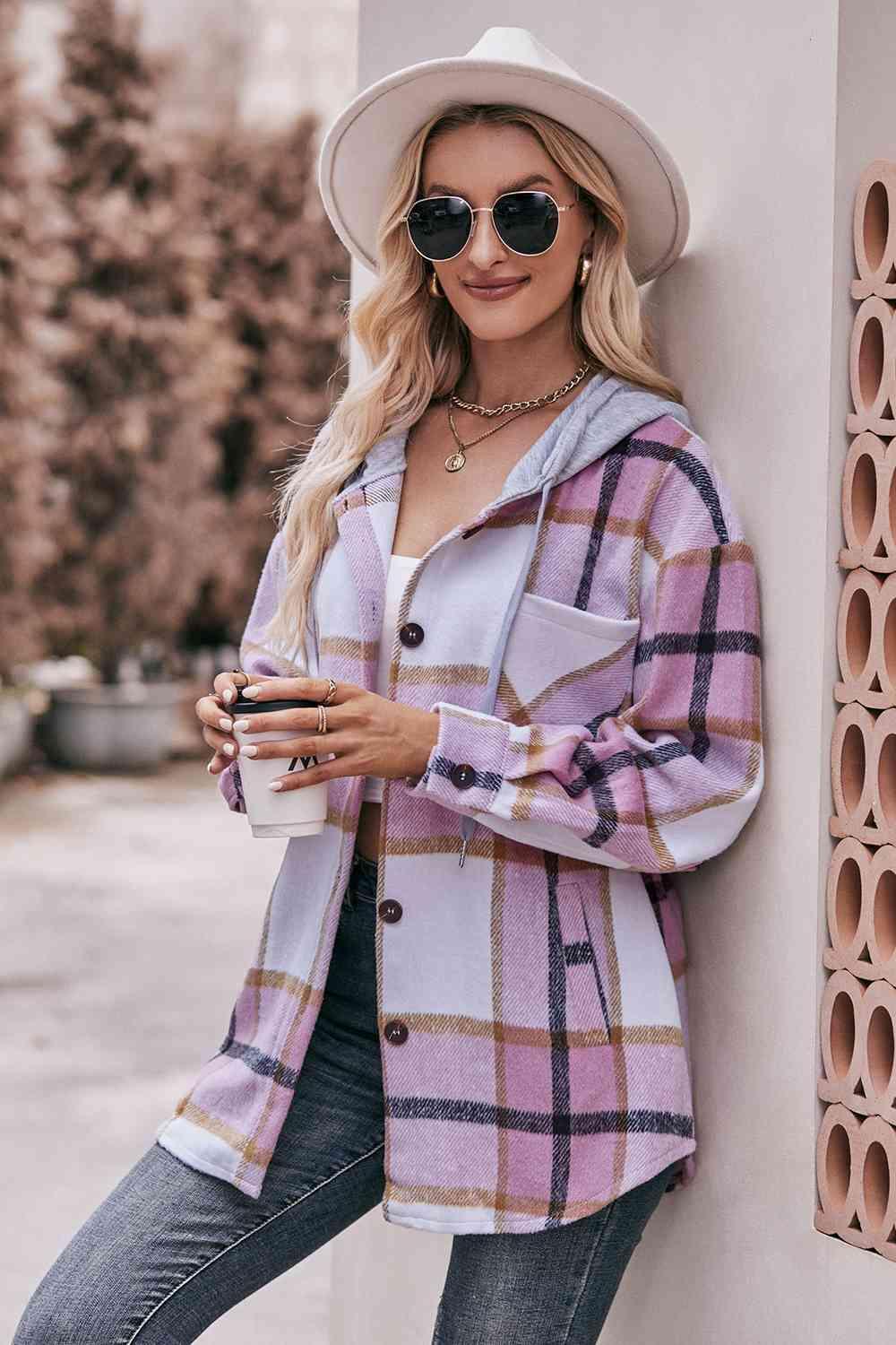 Plaid Dropped Shoulder Hooded Jacket - Bona Fide Fashion