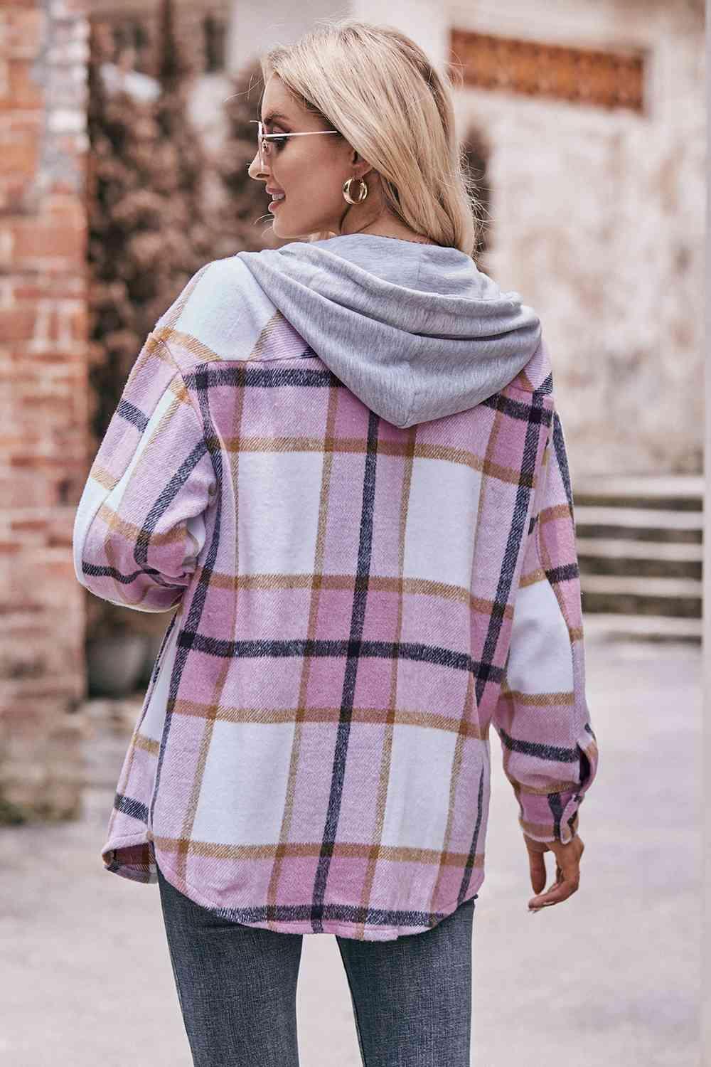 Plaid Dropped Shoulder Hooded Jacket - Bona Fide Fashion