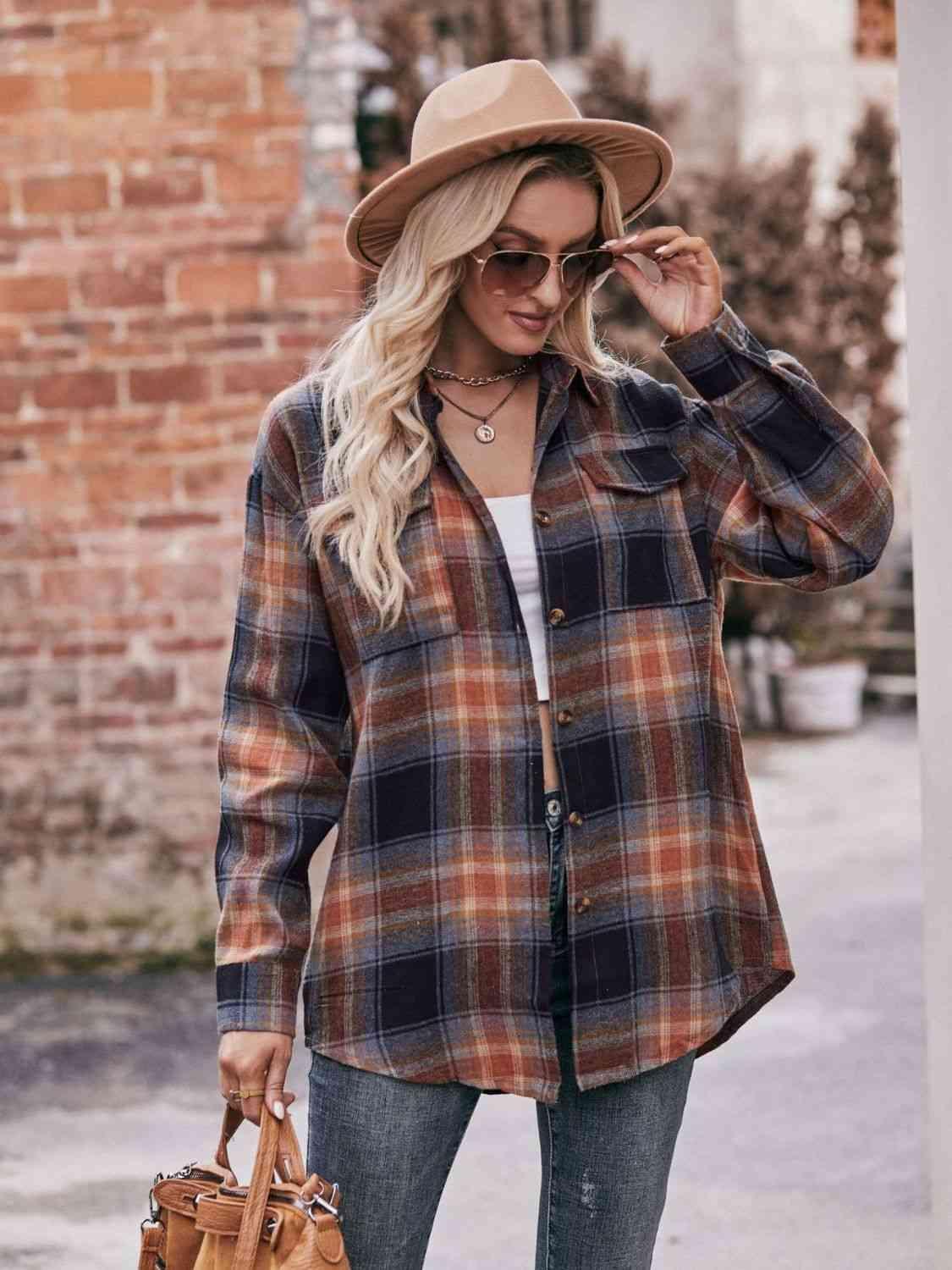 Plaid Dropped Shoulder Longline Shirt - Bona Fide Fashion