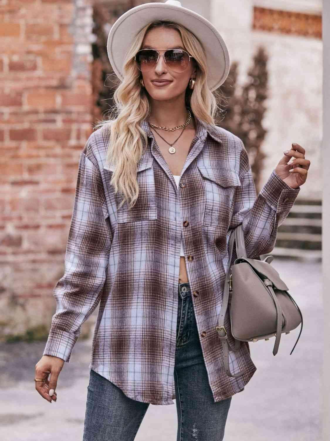 Plaid Dropped Shoulder Longline Shirt - Bona Fide Fashion