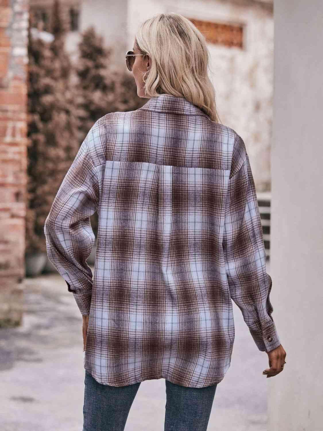 Plaid Dropped Shoulder Longline Shirt - Bona Fide Fashion