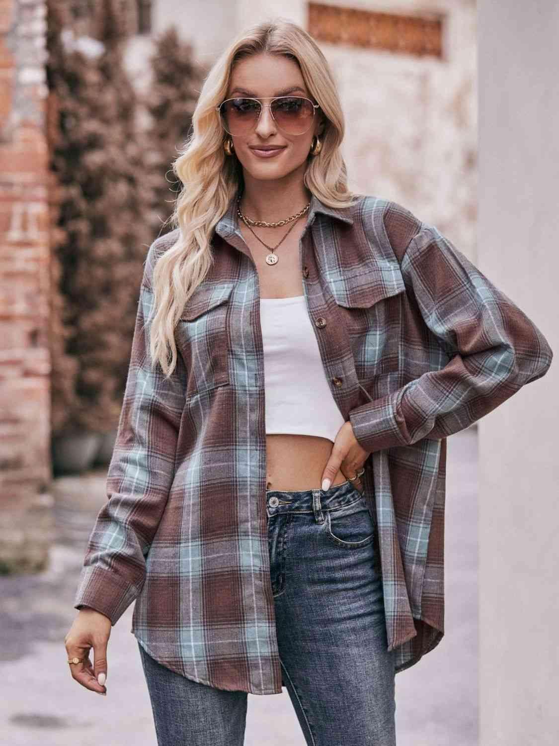 Plaid Dropped Shoulder Longline Shirt - Bona Fide Fashion