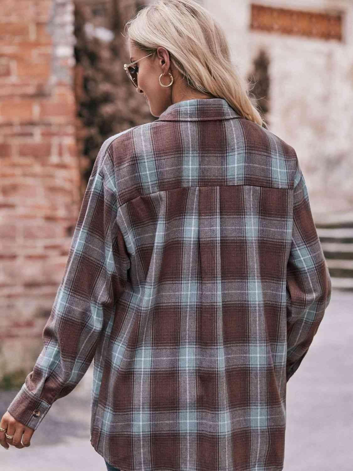 Plaid Dropped Shoulder Longline Shirt - Bona Fide Fashion