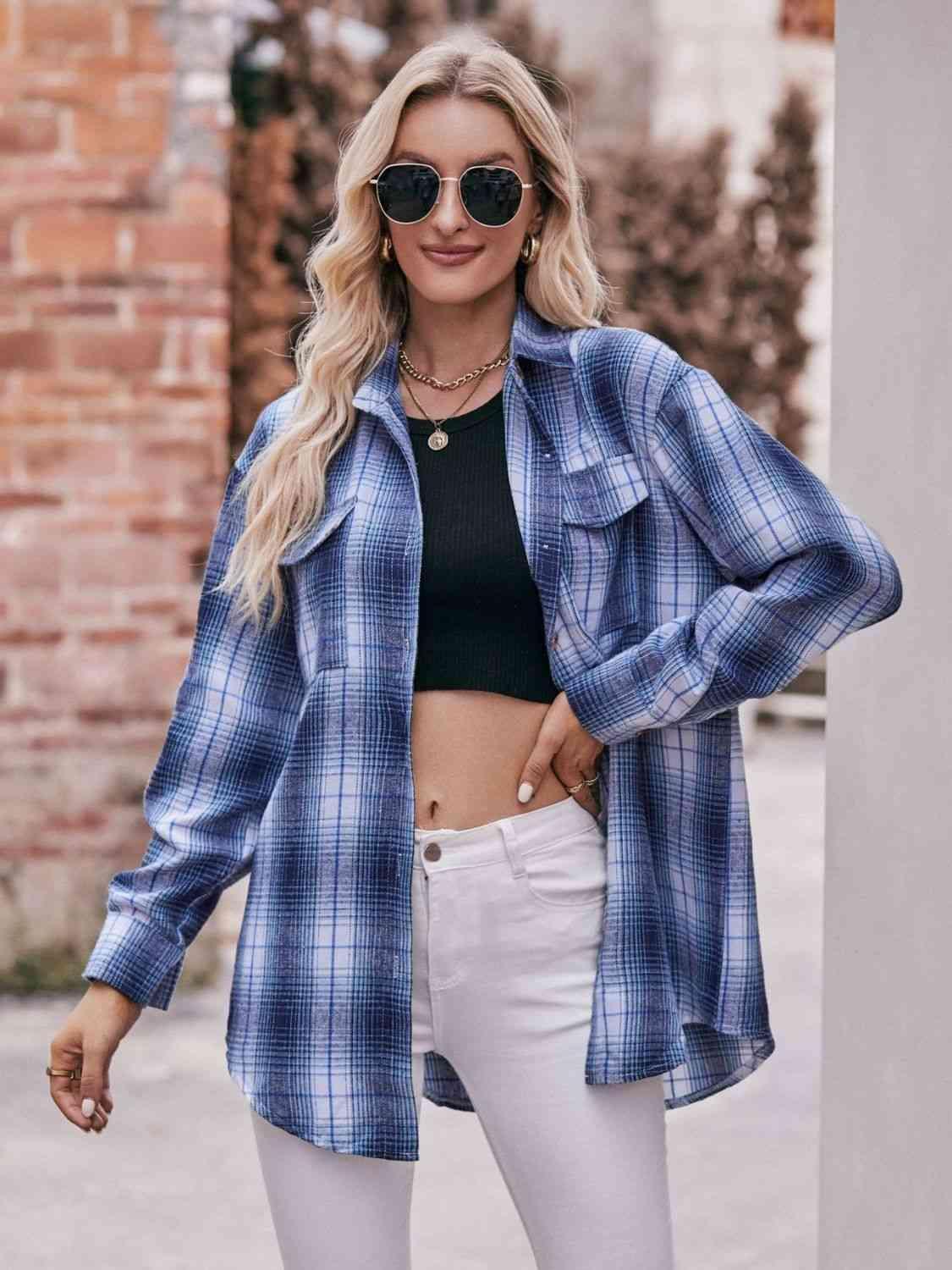 Plaid Dropped Shoulder Longline Shirt - Bona Fide Fashion