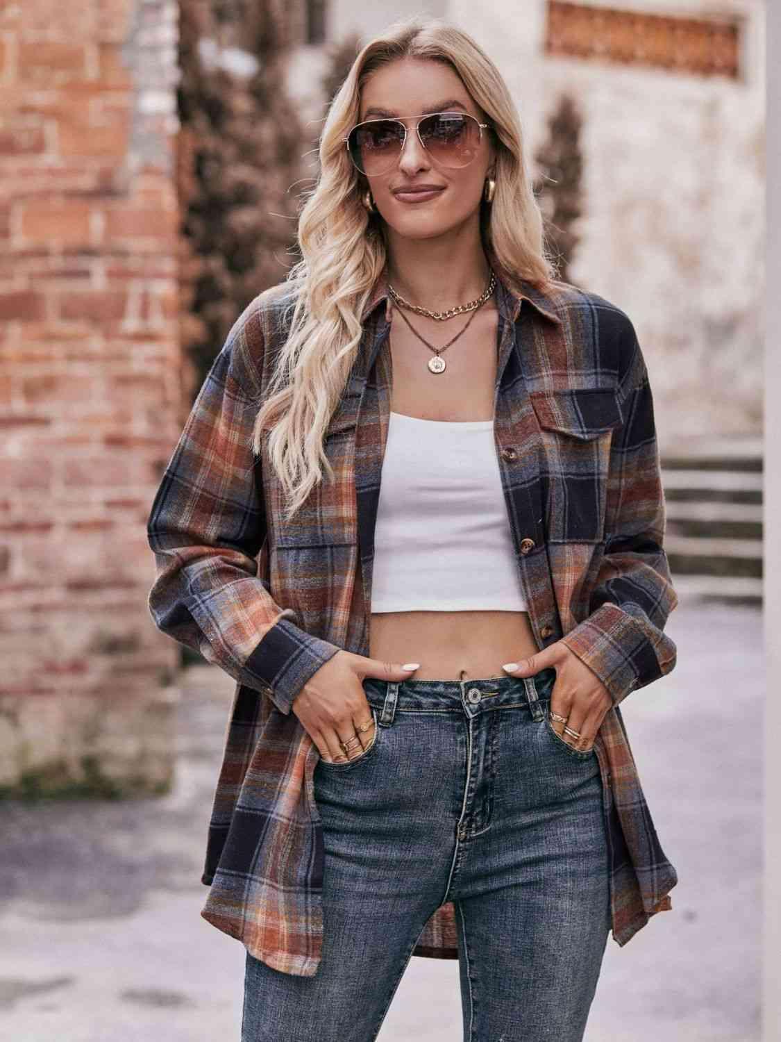 Plaid Dropped Shoulder Longline Shirt - Bona Fide Fashion