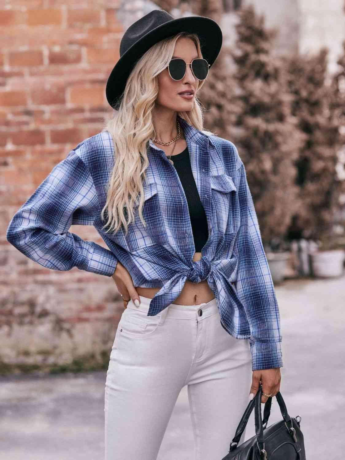 Plaid Dropped Shoulder Longline Shirt - Bona Fide Fashion