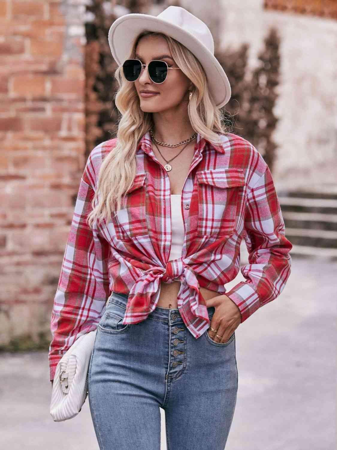 Plaid Dropped Shoulder Longline Shirt - Bona Fide Fashion