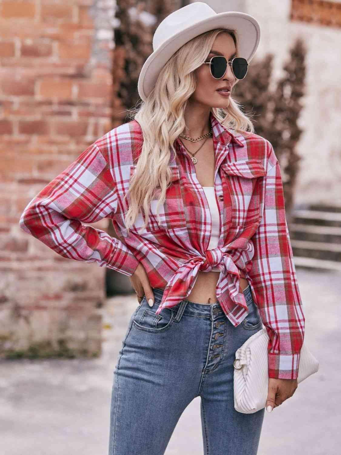 Plaid Dropped Shoulder Longline Shirt - Bona Fide Fashion