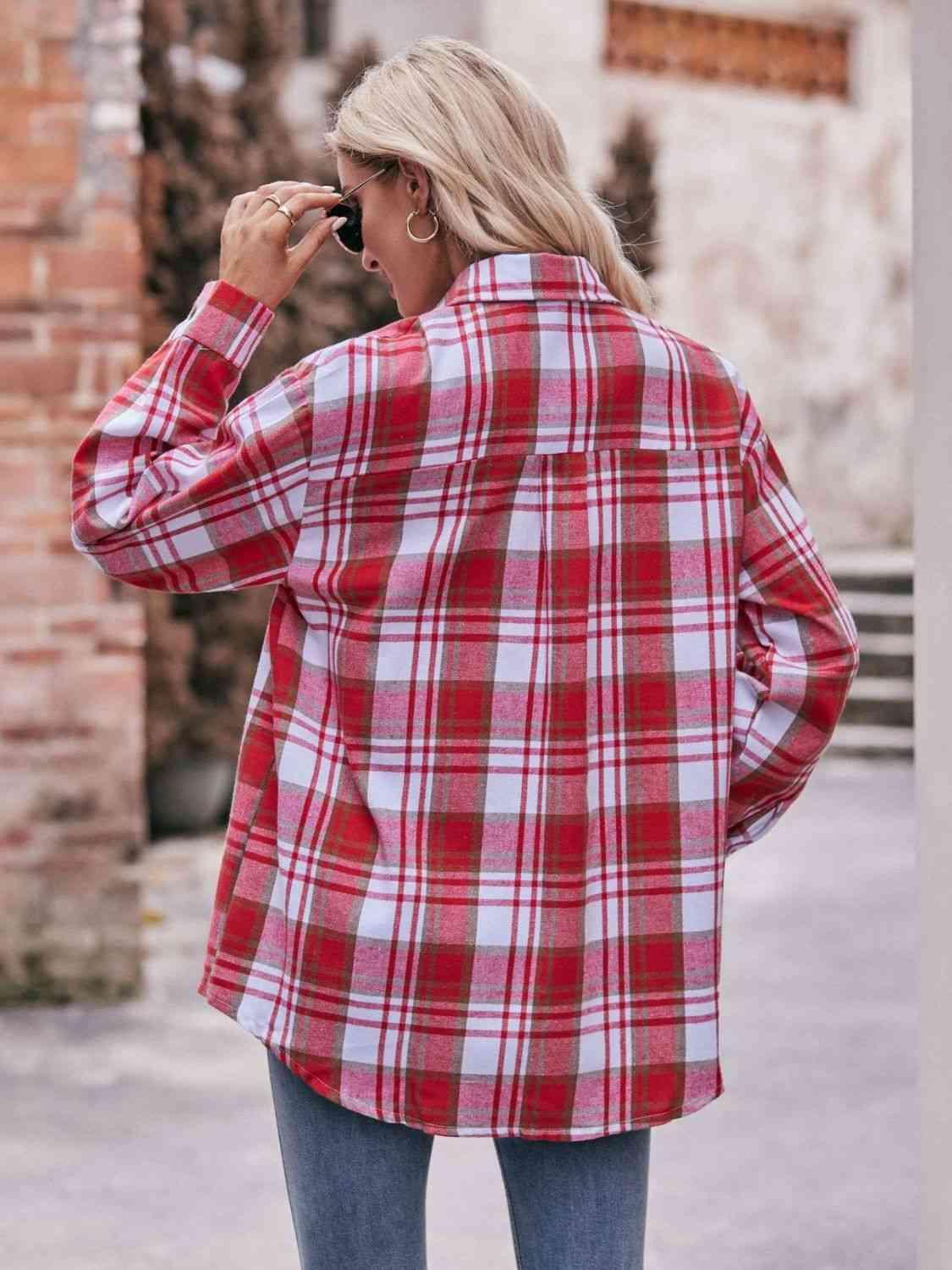 Plaid Dropped Shoulder Longline Shirt - Bona Fide Fashion