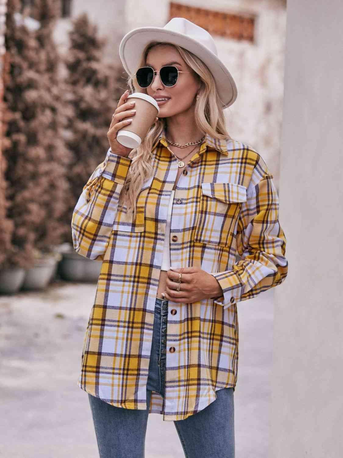 Plaid Dropped Shoulder Longline Shirt - Bona Fide Fashion