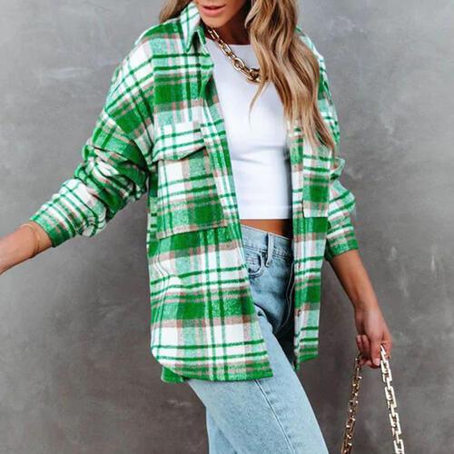 Plaid High-Low Collared Neck Jacket with Pockets - Bona Fide Fashion