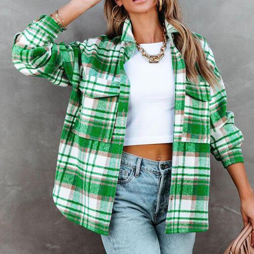 Plaid High-Low Collared Neck Jacket with Pockets - Bona Fide Fashion