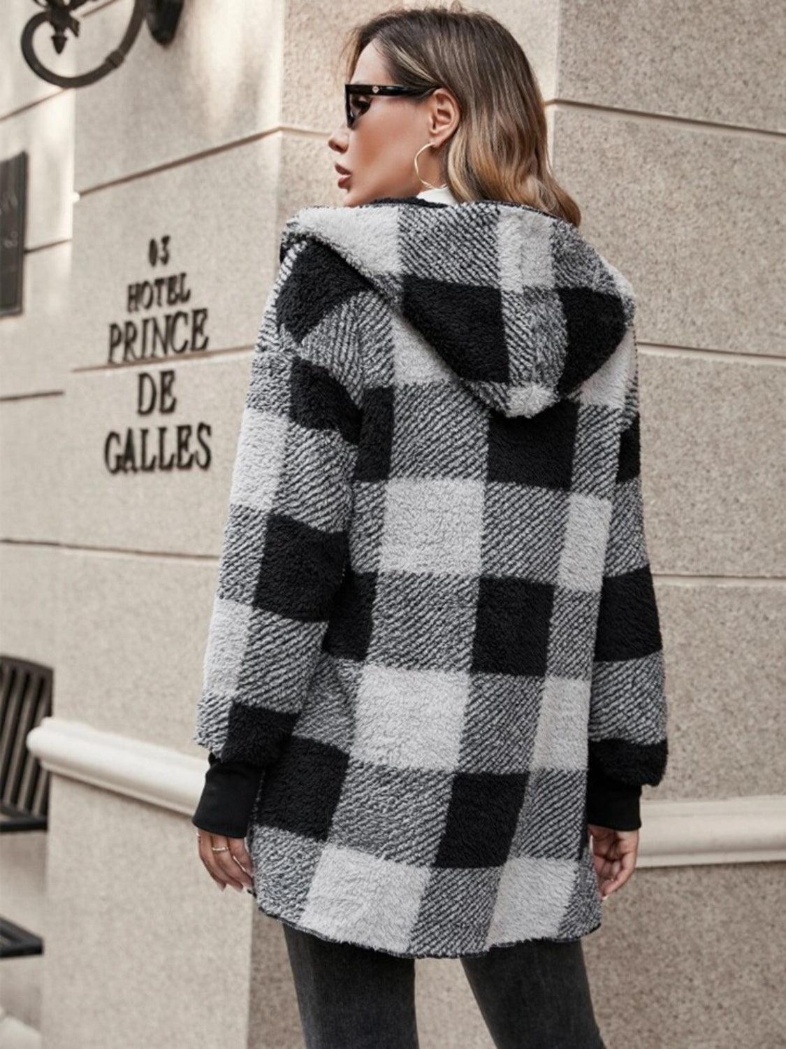 Plaid Long Sleeve Hooded Coat - Bona Fide Fashion