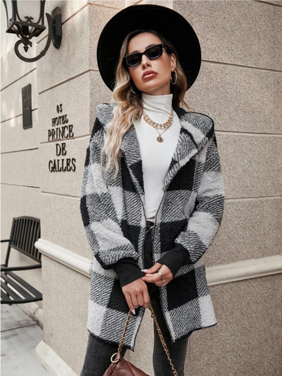 Plaid Long Sleeve Hooded Coat - Bona Fide Fashion