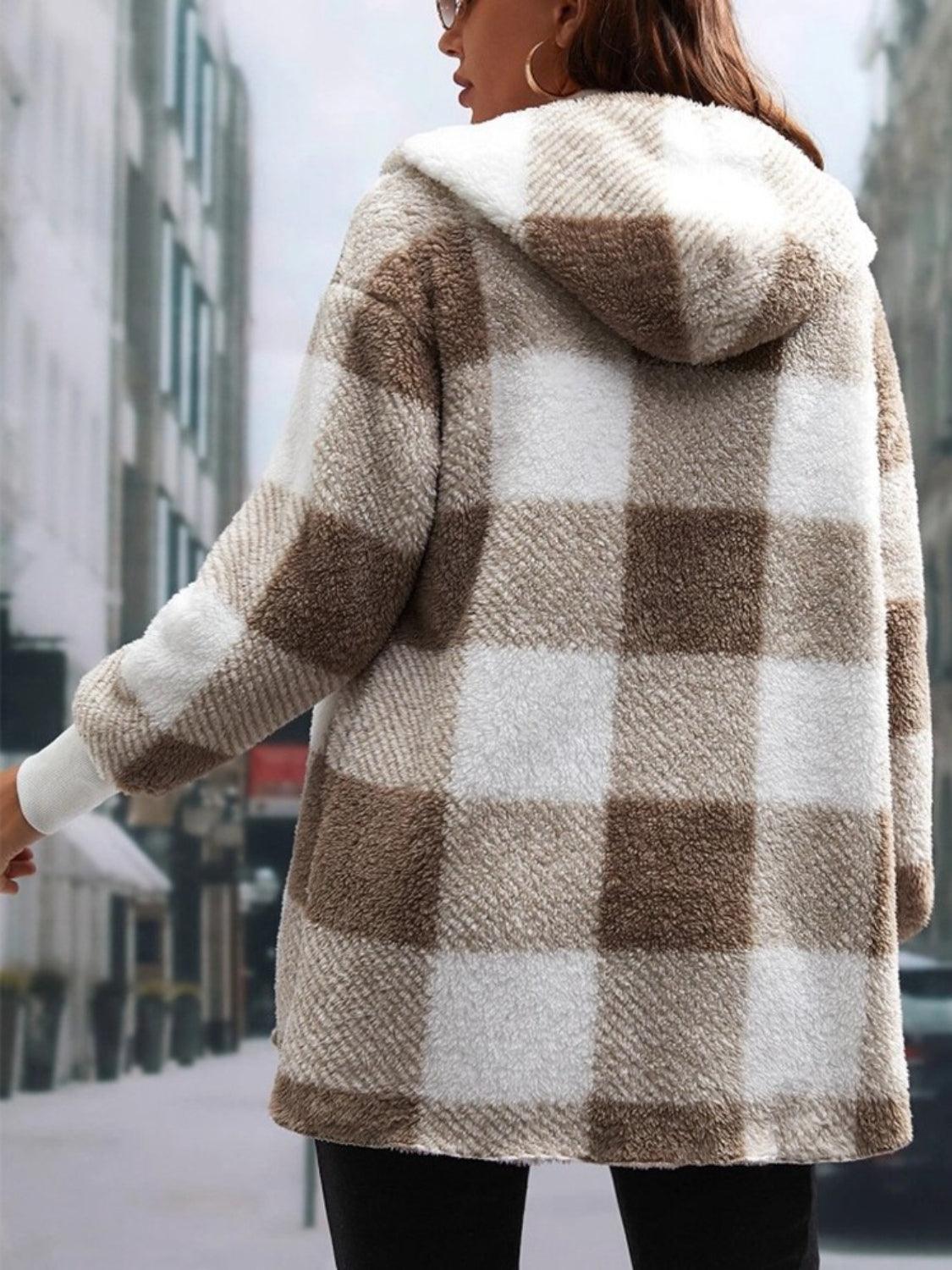 Plaid Long Sleeve Hooded Coat - Bona Fide Fashion