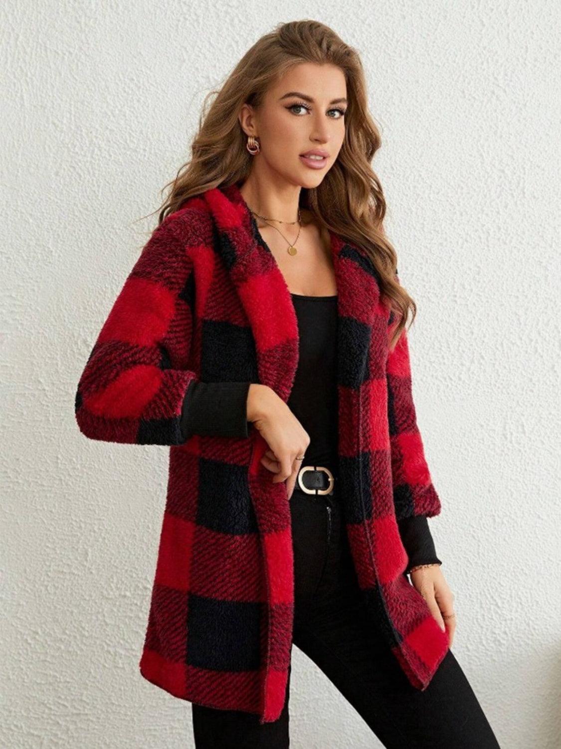 Plaid Long Sleeve Hooded Coat - Bona Fide Fashion