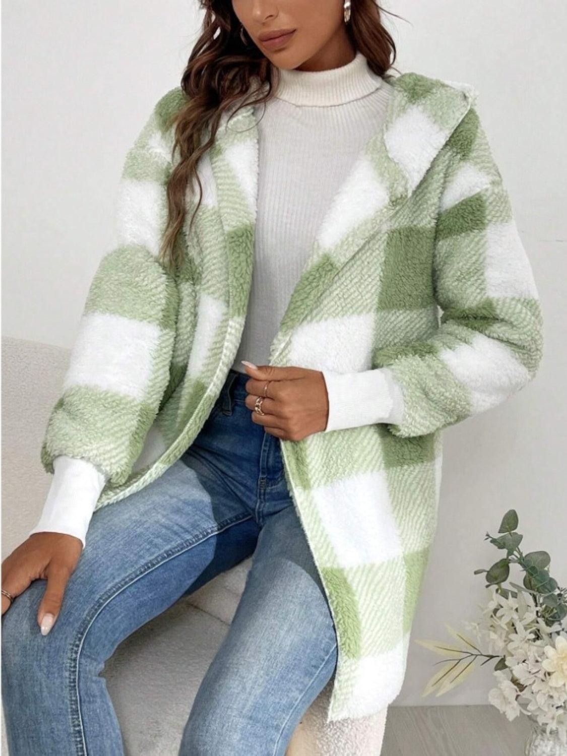 Plaid Long Sleeve Hooded Coat - Bona Fide Fashion