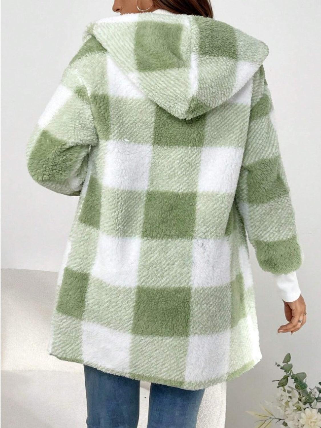 Plaid Long Sleeve Hooded Coat - Bona Fide Fashion