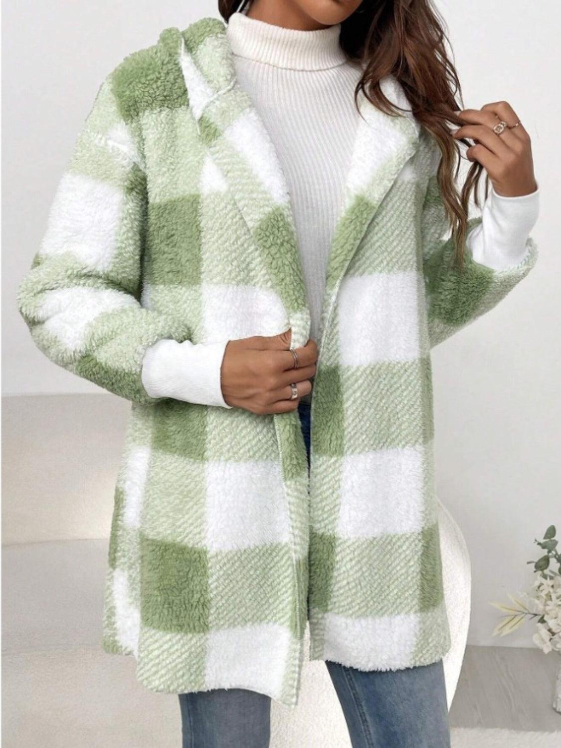 Plaid Long Sleeve Hooded Coat - Bona Fide Fashion