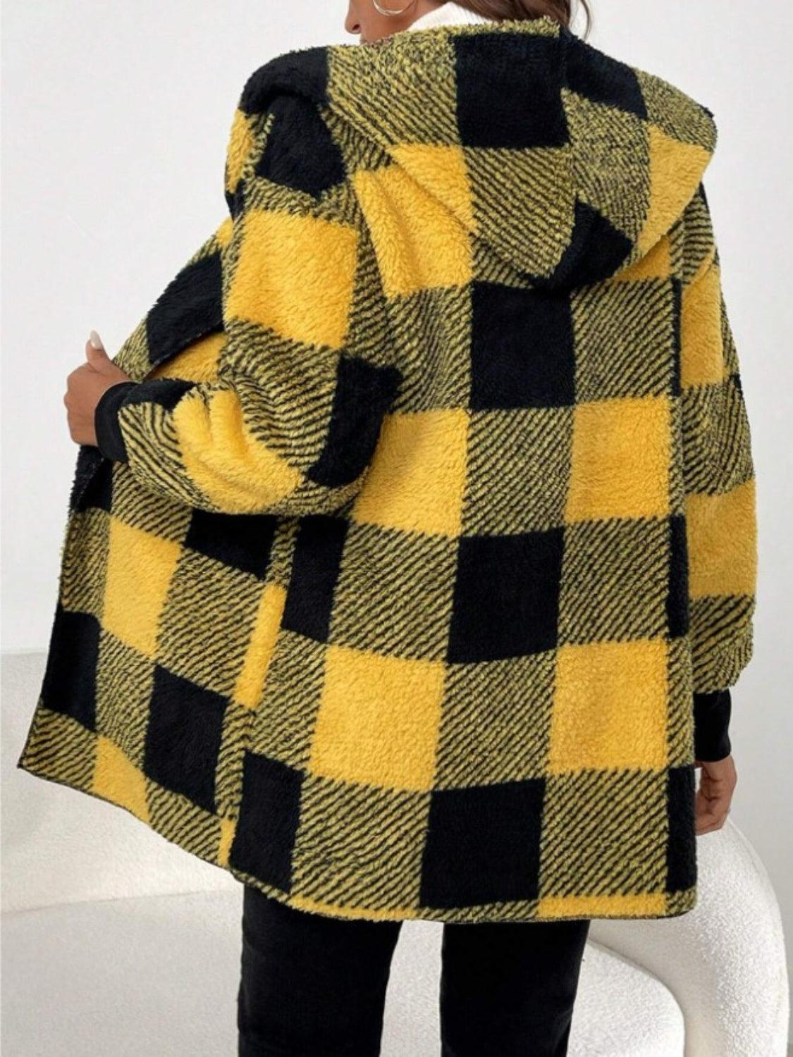 Plaid Long Sleeve Hooded Coat - Bona Fide Fashion