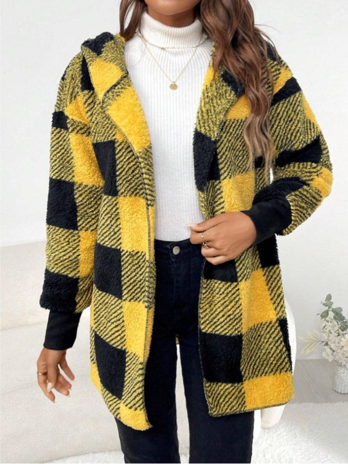 Plaid Long Sleeve Hooded Coat - Bona Fide Fashion