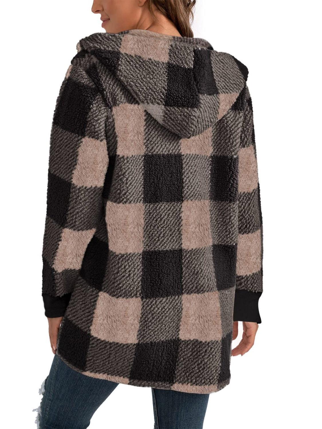 Plaid Long Sleeve Hooded Coat - Bona Fide Fashion