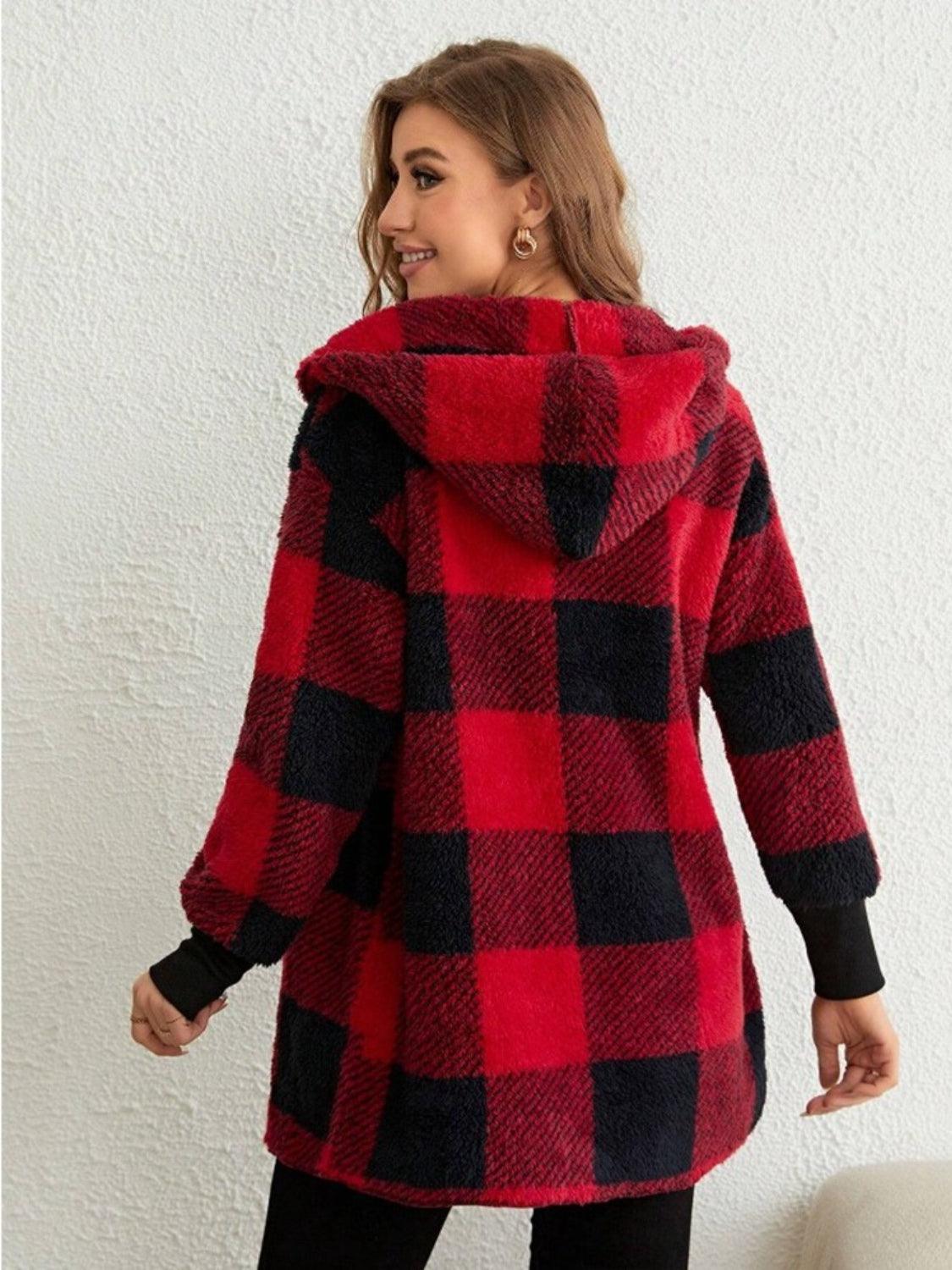 Plaid Long Sleeve Hooded Coat - Bona Fide Fashion