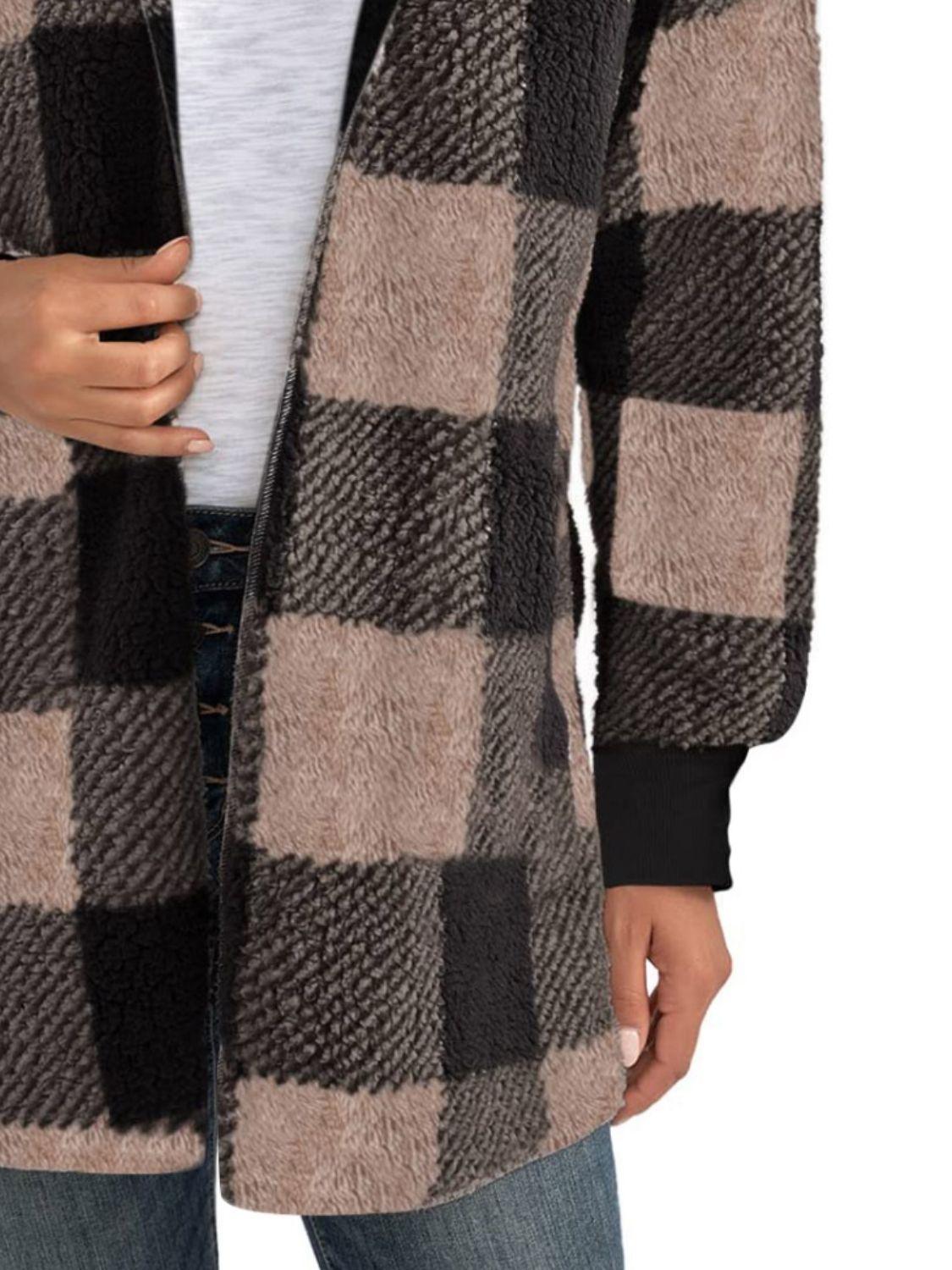 Plaid Long Sleeve Hooded Coat - Bona Fide Fashion