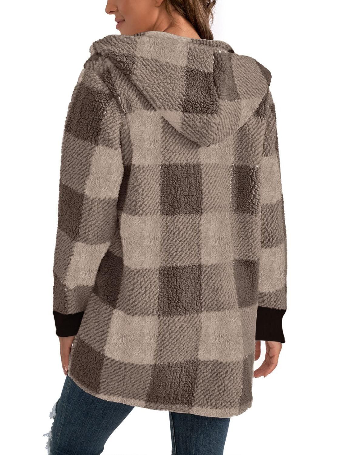 Plaid Long Sleeve Hooded Coat - Bona Fide Fashion